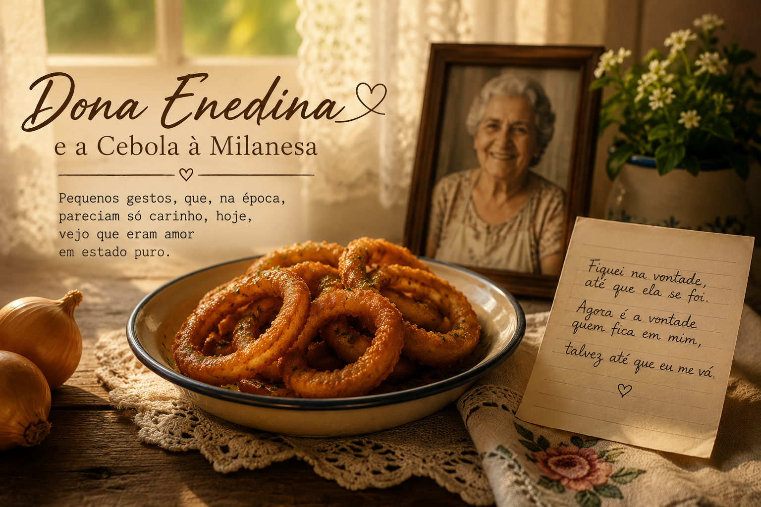 Cebola à milanesa em uma mesa, ao lado da lembrança de Dona Enedina.